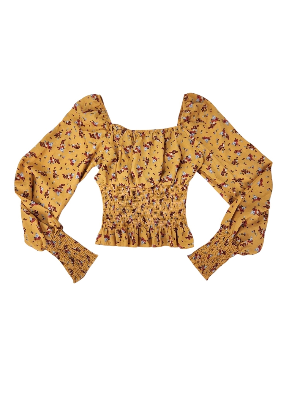 Ultra Flirt Floral Smocked Peplum Peasant Top Yellow Long Sleeve Square Neck S - Picture 13 of 13